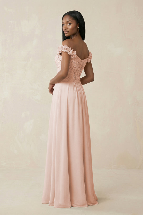 Pleated Off - the - Shoulder A - Line Chiffon Bridesmaid Dress in Pale Blush - SHE IS ME Bridesmaid Dresses