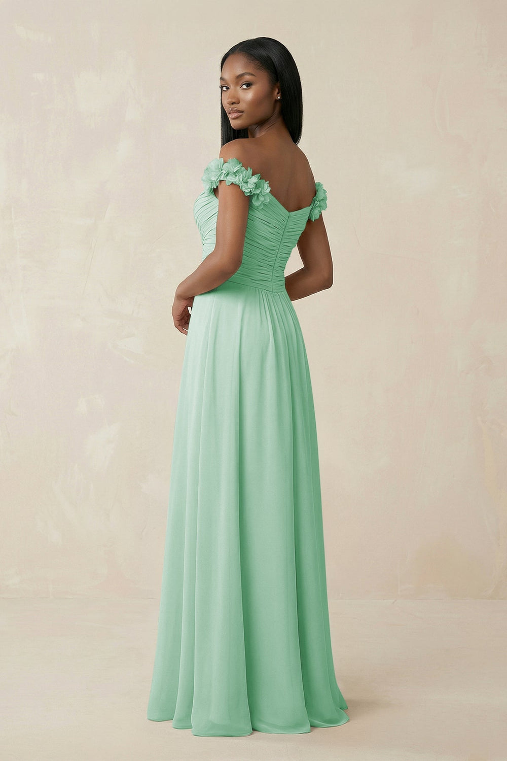 Pleated Off - the - Shoulder A - Line Chiffon Bridesmaid Dress in Pale Pistachio - SHE IS ME Bridesmaid Dresses
