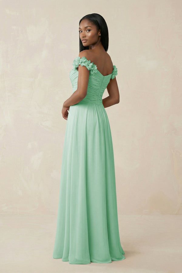 Pleated Off - the - Shoulder A - Line Chiffon Bridesmaid Dress in Pale Pistachio - SHE IS ME Bridesmaid Dresses