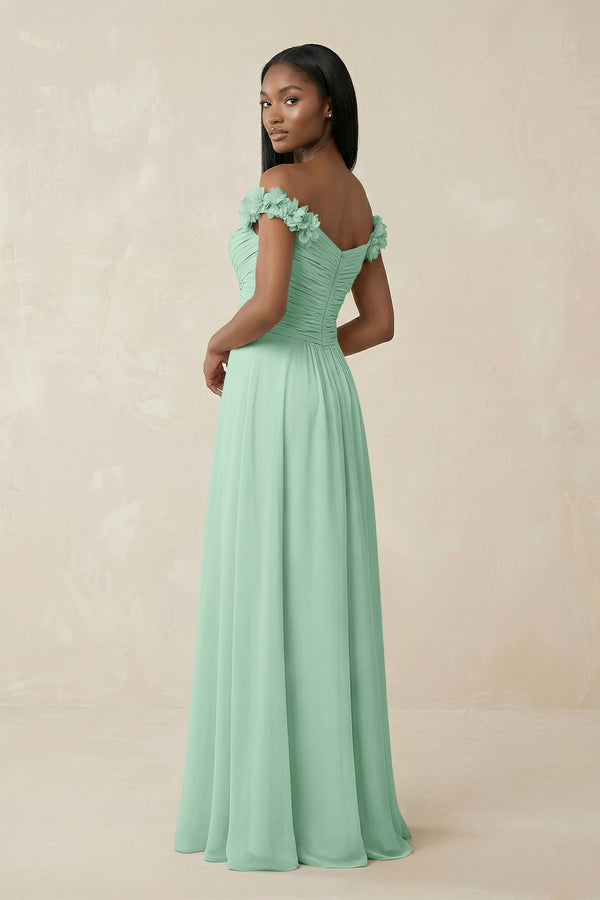 Pleated Off-the-Shoulder A-Line Chiffon Bridesmaid Dress in Pale Pistachio (2) | KISSBRIDAL