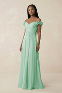 Pleated Off - the - Shoulder A - Line Chiffon Bridesmaid Dress in Pale Pistachio - SHE IS ME Bridesmaid Dresses
