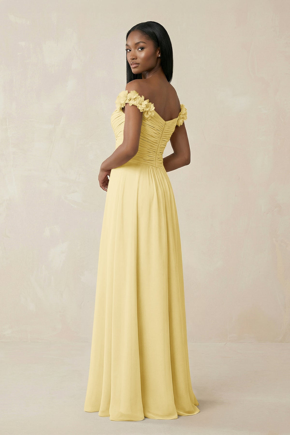 Pleated Off - the - Shoulder A - Line Chiffon Bridesmaid Dress in Pastel Yellow - KISS BRIDAL Bridesmaid Dresses
