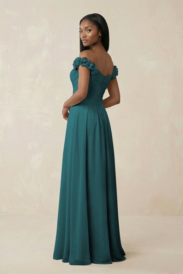 Pleated Off - the - Shoulder A - Line Chiffon Bridesmaid Dress in Pine - SHE IS ME Bridesmaid Dresses