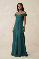 Pleated Off - the - Shoulder A - Line Chiffon Bridesmaid Dress in Pine - KISS BRIDAL Bridesmaid Dresses