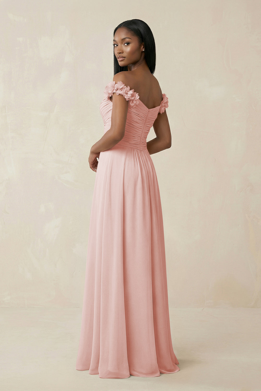 Pleated Off-the-Shoulder A-Line Chiffon Bridesmaid Dress in Rose Petal