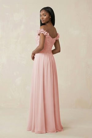 Pleated Off-the-Shoulder A-Line Chiffon Bridesmaid Dress in Rose Petal (2) | KISSBRIDAL