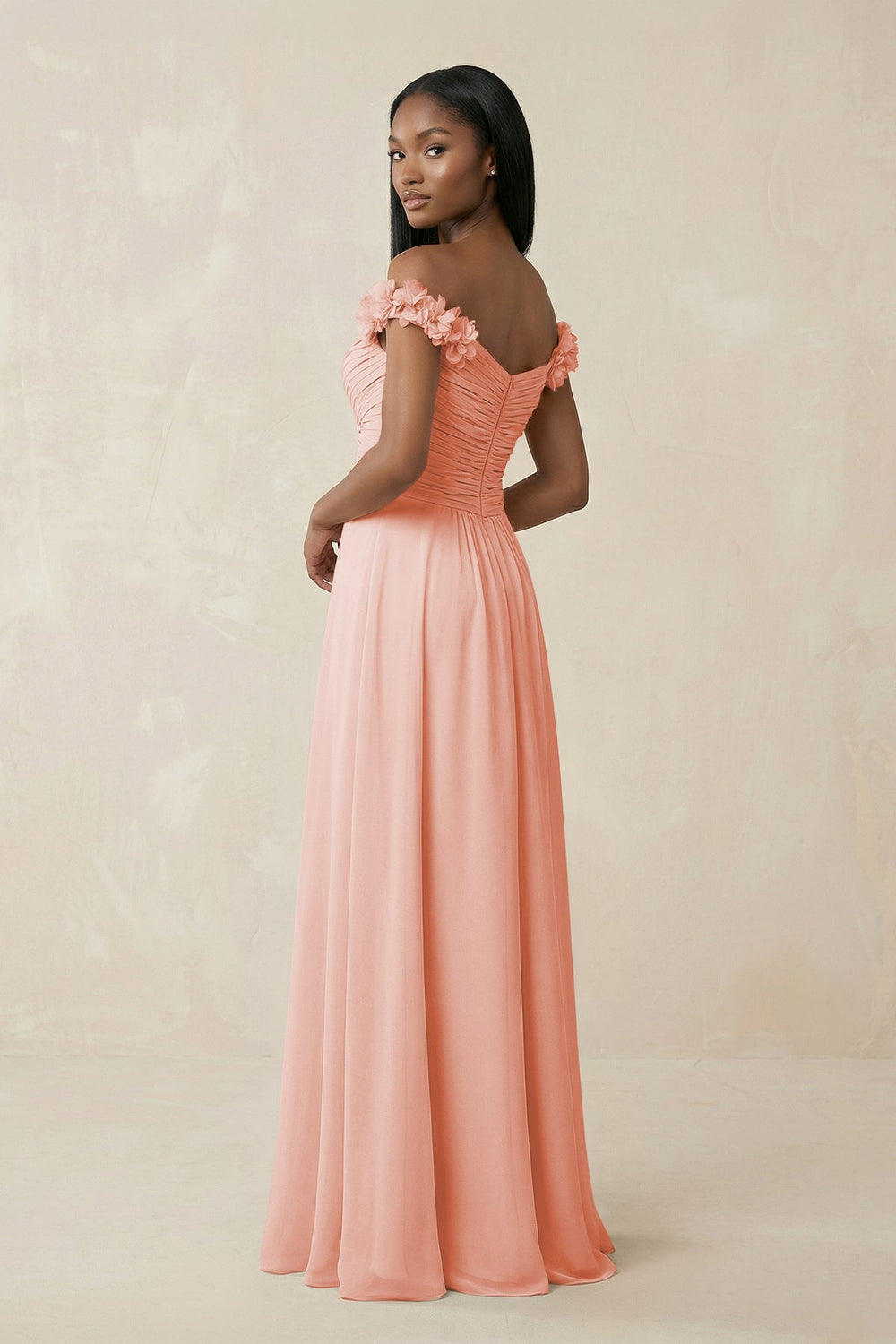 Pleated Off - the - Shoulder A - Line Chiffon Bridesmaid Dress in Rose Petal - SHE IS ME Bridesmaid Dresses