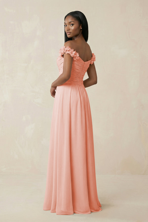 Pleated Off - the - Shoulder A - Line Chiffon Bridesmaid Dress in Rose Petal - SHE IS ME Bridesmaid Dresses