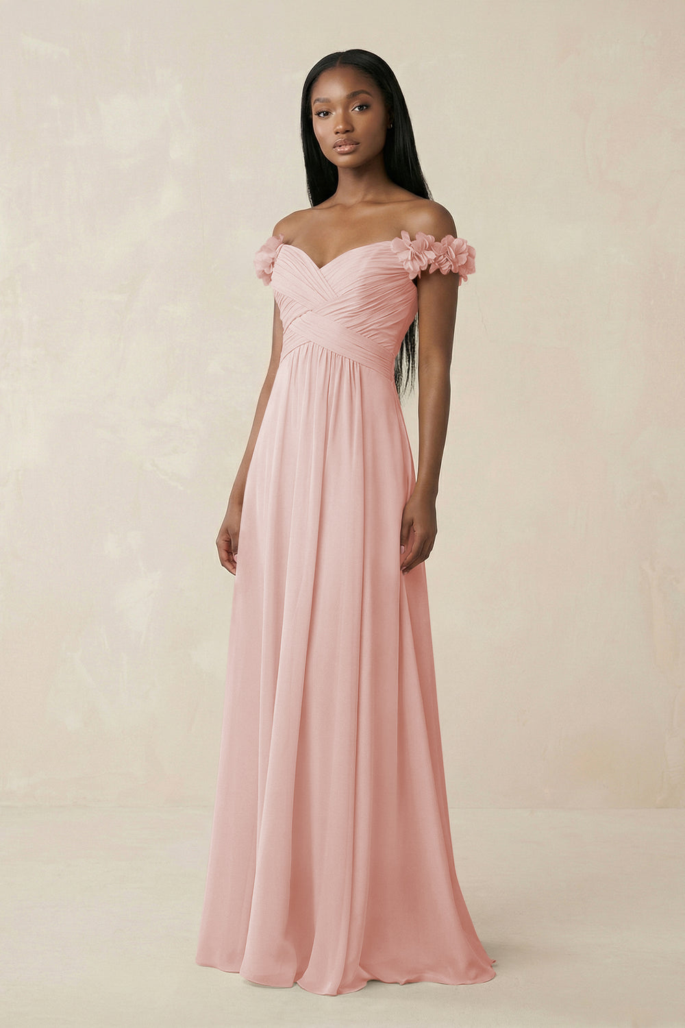 Pleated Off-the-Shoulder A-Line Chiffon Bridesmaid Dress in Rose Petal