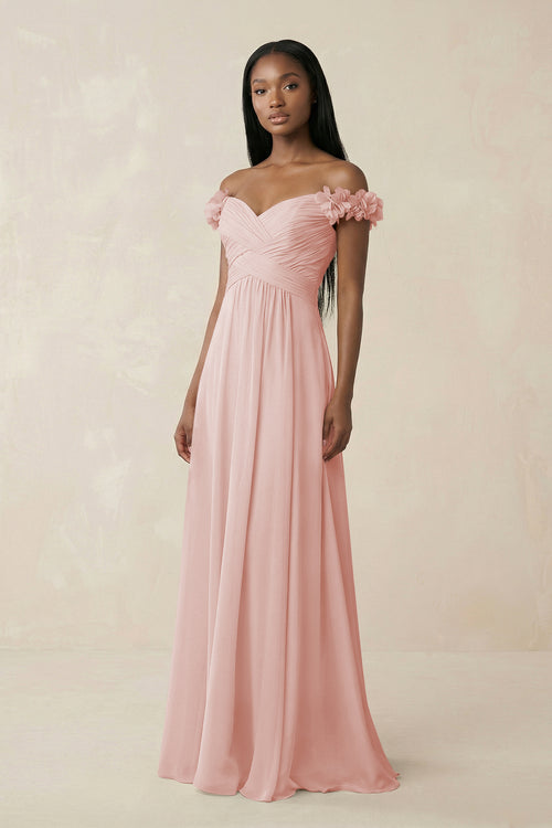 Pleated Off-the-Shoulder A-Line Chiffon Bridesmaid Dress in Rose Petal | KISSBRIDAL