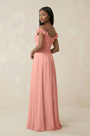 Pleated Off-the-Shoulder A-Line Chiffon Bridesmaid Dress in Rosette (2) | KISSBRIDAL