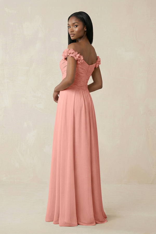 Pleated Off-the-Shoulder A-Line Chiffon Bridesmaid Dress in Rosette (2) | KISSBRIDAL
