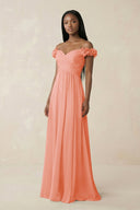 Pleated Off - the - Shoulder A - Line Chiffon Bridesmaid Dress in Rosette - SHE IS ME Bridesmaid Dresses