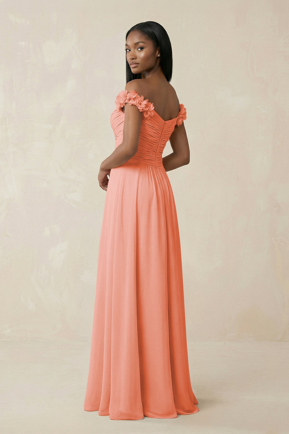 Pleated Off - the - Shoulder A - Line Chiffon Bridesmaid Dress in Rosette - SHE IS ME Bridesmaid Dresses