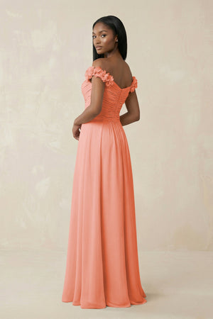Pleated Off - the - Shoulder A - Line Chiffon Bridesmaid Dress in Rosette - SHE IS ME Bridesmaid Dresses