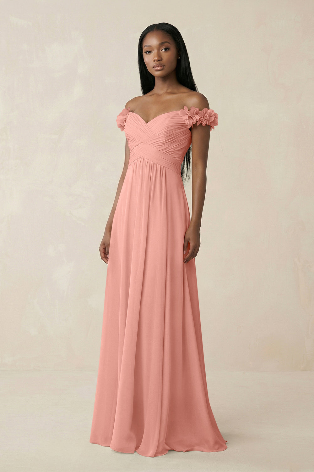 Pleated Off-the-Shoulder A-Line Chiffon Bridesmaid Dress in Rosette