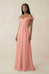 Pleated Off-the-Shoulder A-Line Chiffon Bridesmaid Dress in Rosette | KISSBRIDAL