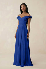 Pleated Off - the - Shoulder A - Line Chiffon Bridesmaid Dress in Royal Blue - KISS BRIDAL Bridesmaid Dresses