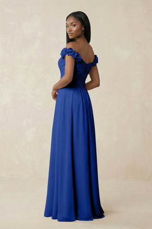 Pleated Off - the - Shoulder A - Line Chiffon Bridesmaid Dress in Royal Blue - SHE IS ME Bridesmaid Dresses