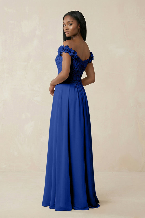 Pleated Off - the - Shoulder A - Line Chiffon Bridesmaid Dress in Royal Blue - SHE IS ME Bridesmaid Dresses