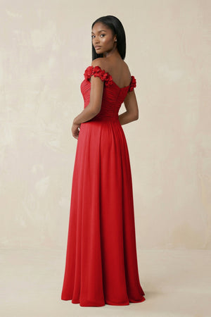 Pleated Off - the - Shoulder A - Line Chiffon Bridesmaid Dress in Ruby Red - SHE IS ME Bridesmaid Dresses