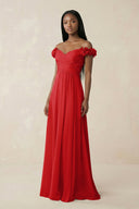Pleated Off - the - Shoulder A - Line Chiffon Bridesmaid Dress in Ruby Red - SHE IS ME Bridesmaid Dresses
