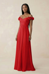 Pleated Off - the - Shoulder A - Line Chiffon Bridesmaid Dress in Ruby Red - KISS BRIDAL Bridesmaid Dresses