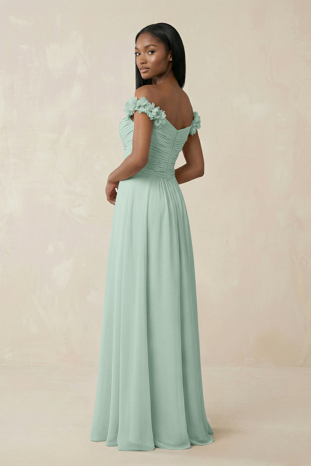 Pleated Off-the-Shoulder A-Line Chiffon Bridesmaid Dress in Sage