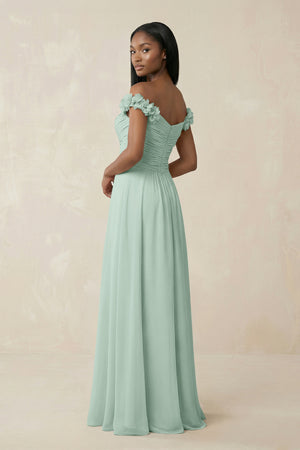 Pleated Off-the-Shoulder A-Line Chiffon Bridesmaid Dress in Sage (2) | KISSBRIDAL