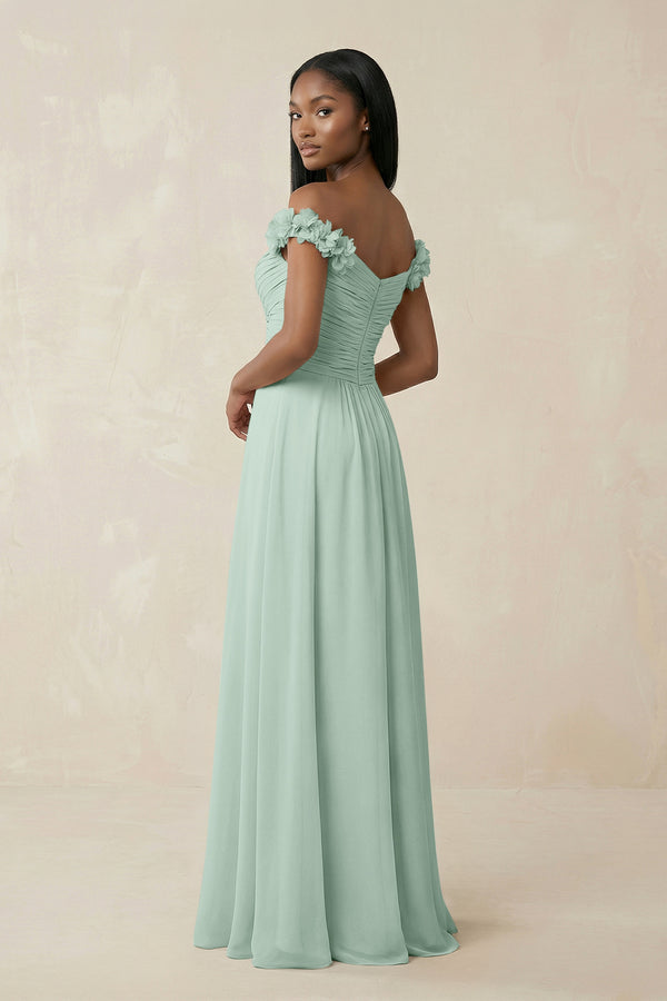 Pleated Off-the-Shoulder A-Line Chiffon Bridesmaid Dress in Sage (2) | KISSBRIDAL