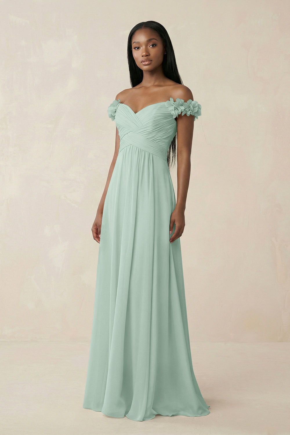 Pleated Off-the-Shoulder A-Line Chiffon Bridesmaid Dress in Sage