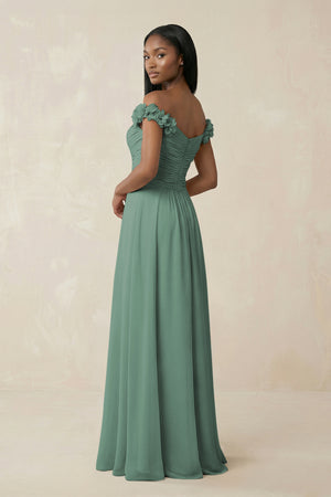Pleated Off-the-Shoulder A-Line Chiffon Bridesmaid Dress in Sea Glass (2) | KISSBRIDAL