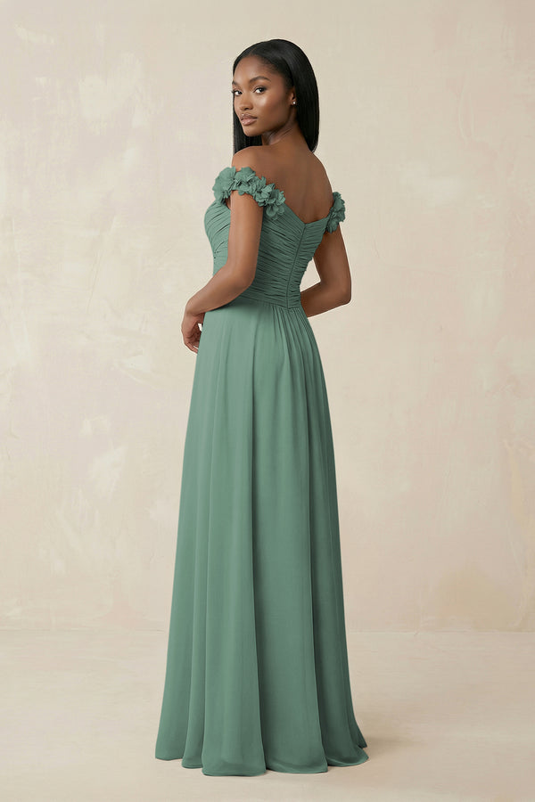 Pleated Off-the-Shoulder A-Line Chiffon Bridesmaid Dress in Sea Glass (2) | KISSBRIDAL