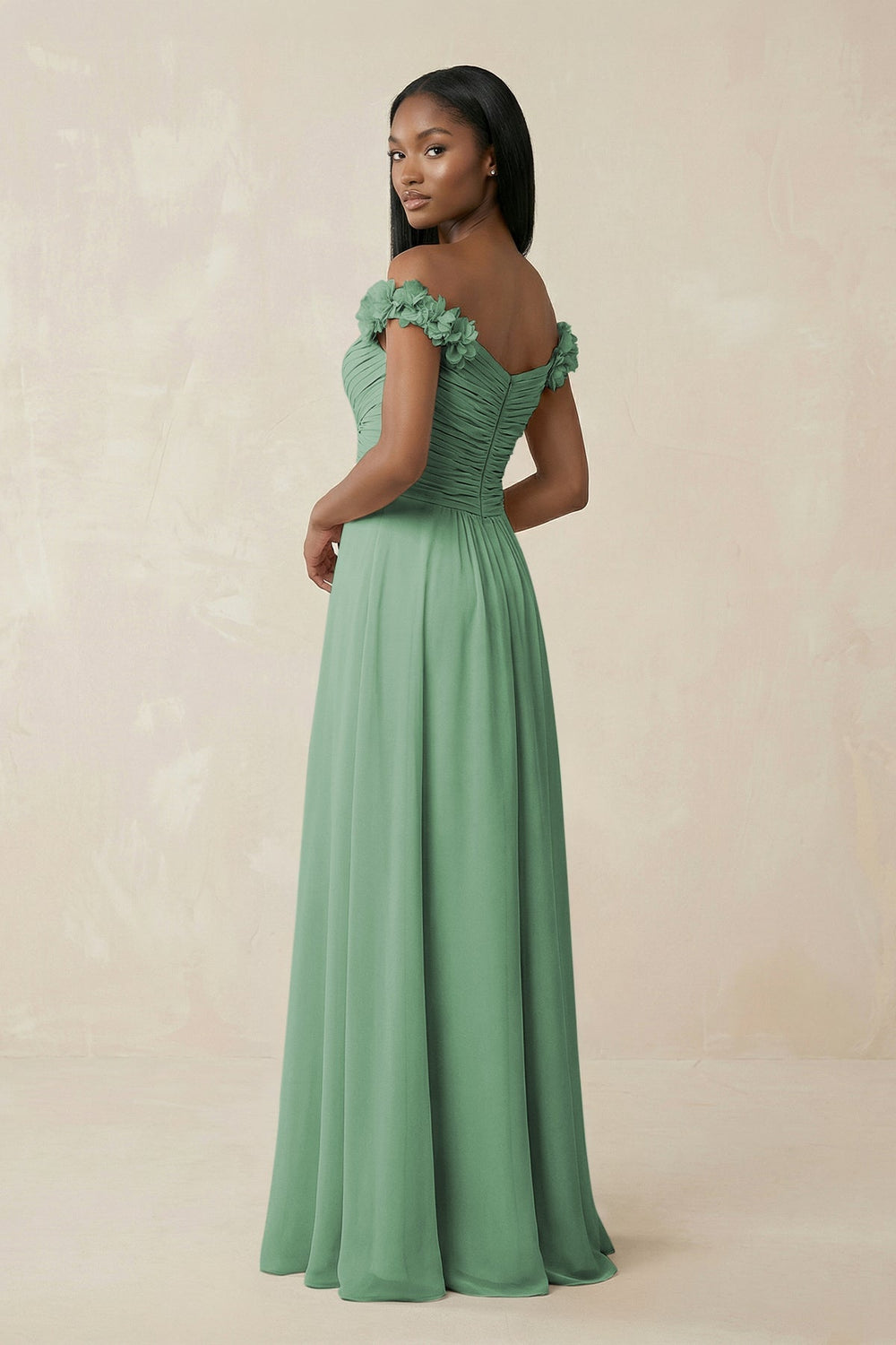 Pleated Off - the - Shoulder A - Line Chiffon Bridesmaid Dress in Sea Glass - SHE IS ME Bridesmaid Dresses