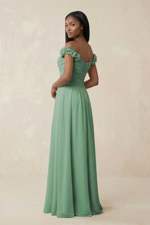 Pleated Off - the - Shoulder A - Line Chiffon Bridesmaid Dress in Sea Glass - SHE IS ME Bridesmaid Dresses