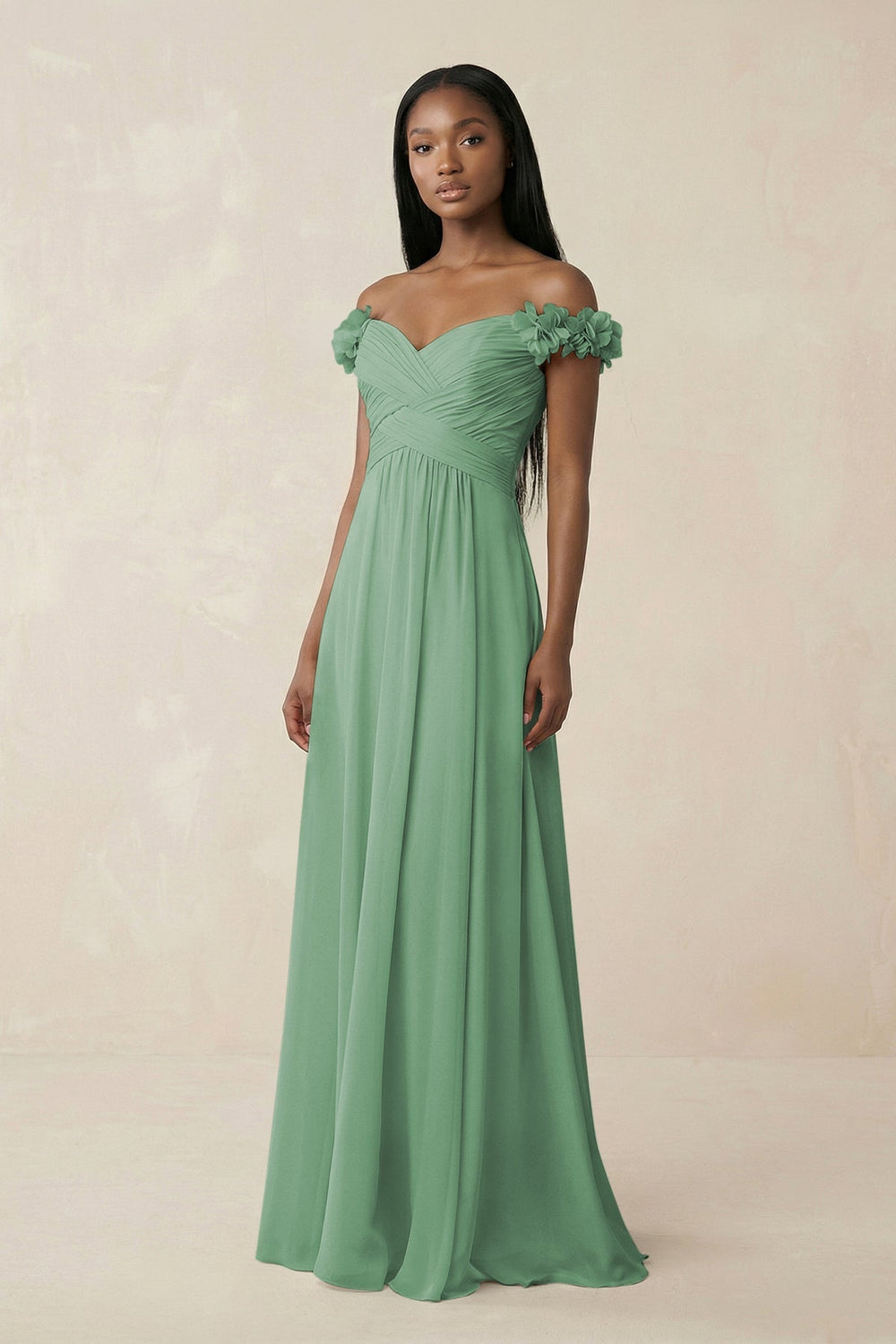 Pleated Off - the - Shoulder A - Line Chiffon Bridesmaid Dress in Sea Glass - SHE IS ME Bridesmaid Dresses