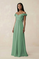 Pleated Off - the - Shoulder A - Line Chiffon Bridesmaid Dress in Sea Glass - SHE IS ME Bridesmaid Dresses