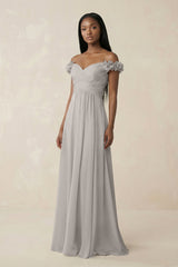Pleated Off - the - Shoulder A - Line Chiffon Bridesmaid Dress in Silver - KISS BRIDAL Bridesmaid Dresses