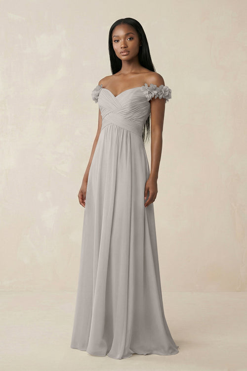 Pleated Off - the - Shoulder A - Line Chiffon Bridesmaid Dress in Silver - SHE IS ME Bridesmaid Dresses