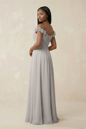Pleated Off - the - Shoulder A - Line Chiffon Bridesmaid Dress in Silver - SHE IS ME Bridesmaid Dresses