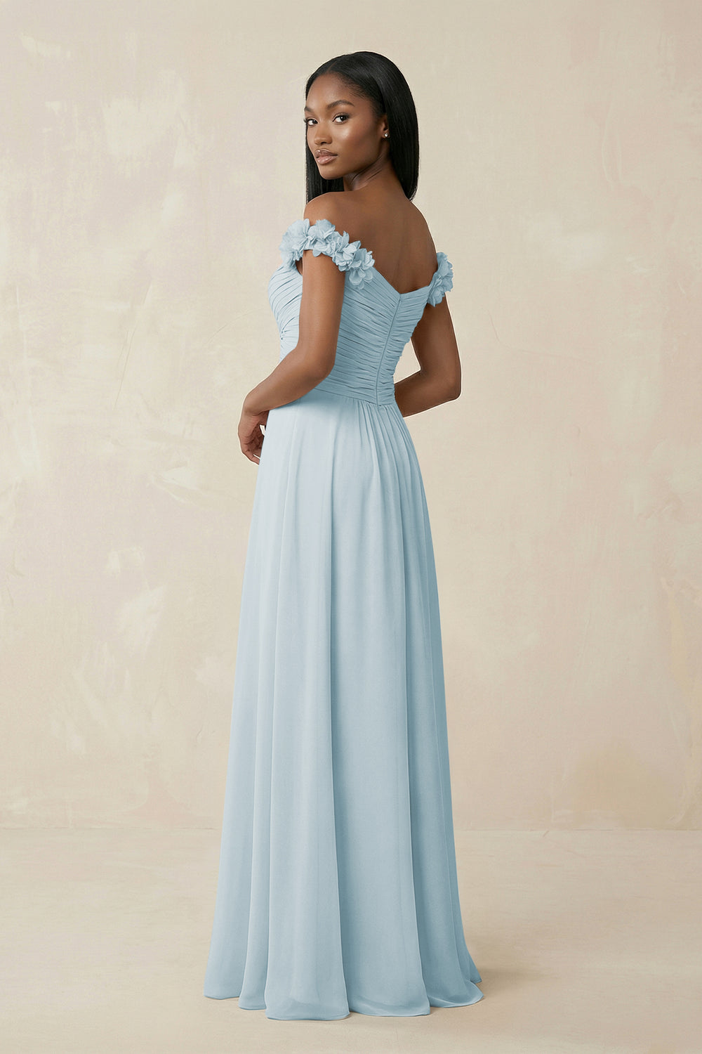 Pleated Off-the-Shoulder A-Line Chiffon Bridesmaid Dress in Sky Blue