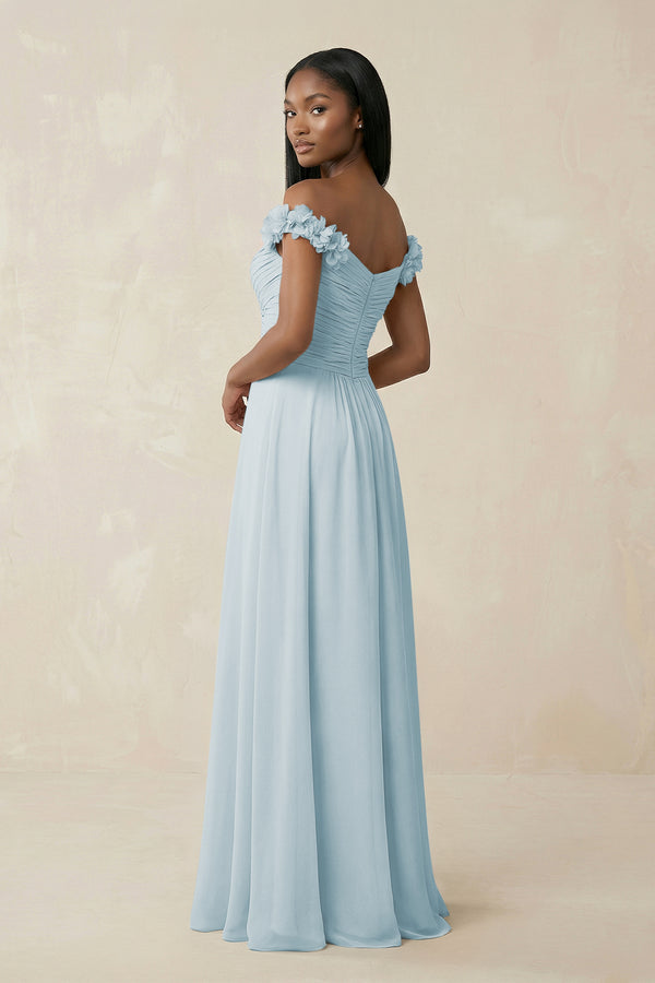 Pleated Off-the-Shoulder A-Line Chiffon Bridesmaid Dress in Sky Blue (2) | KISSBRIDAL