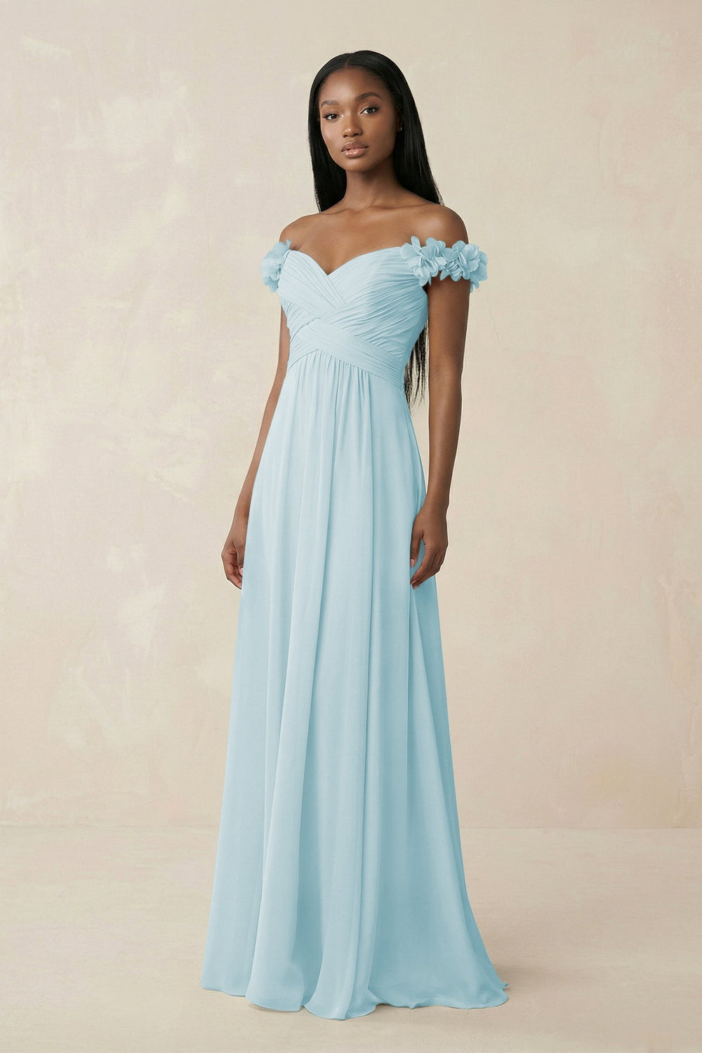 Pleated Off - the - Shoulder A - Line Chiffon Bridesmaid Dress in Sky Blue - SHE IS ME Bridesmaid Dresses