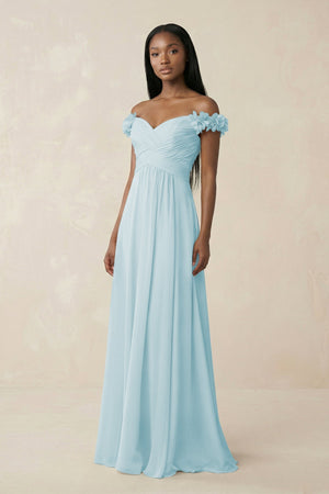 Pleated Off - the - Shoulder A - Line Chiffon Bridesmaid Dress in Sky Blue - SHE IS ME Bridesmaid Dresses