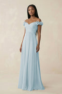 Pleated Off-the-Shoulder A-Line Chiffon Bridesmaid Dress in Sky Blue | KISSBRIDAL