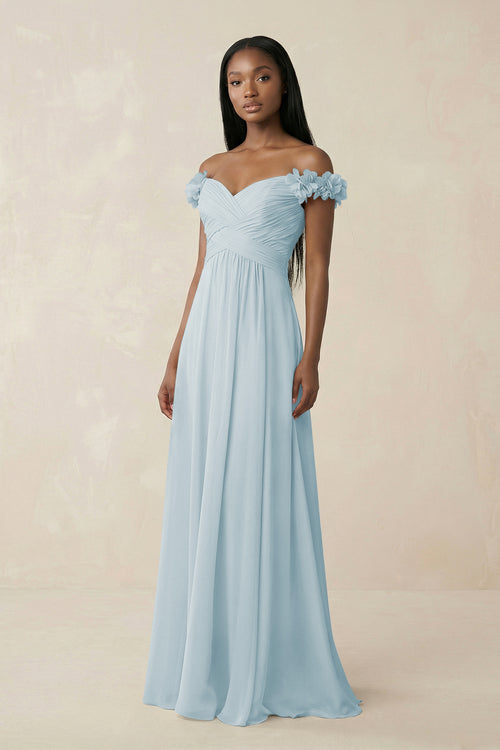 Pleated Off-the-Shoulder A-Line Chiffon Bridesmaid Dress in Sky Blue | KISSBRIDAL
