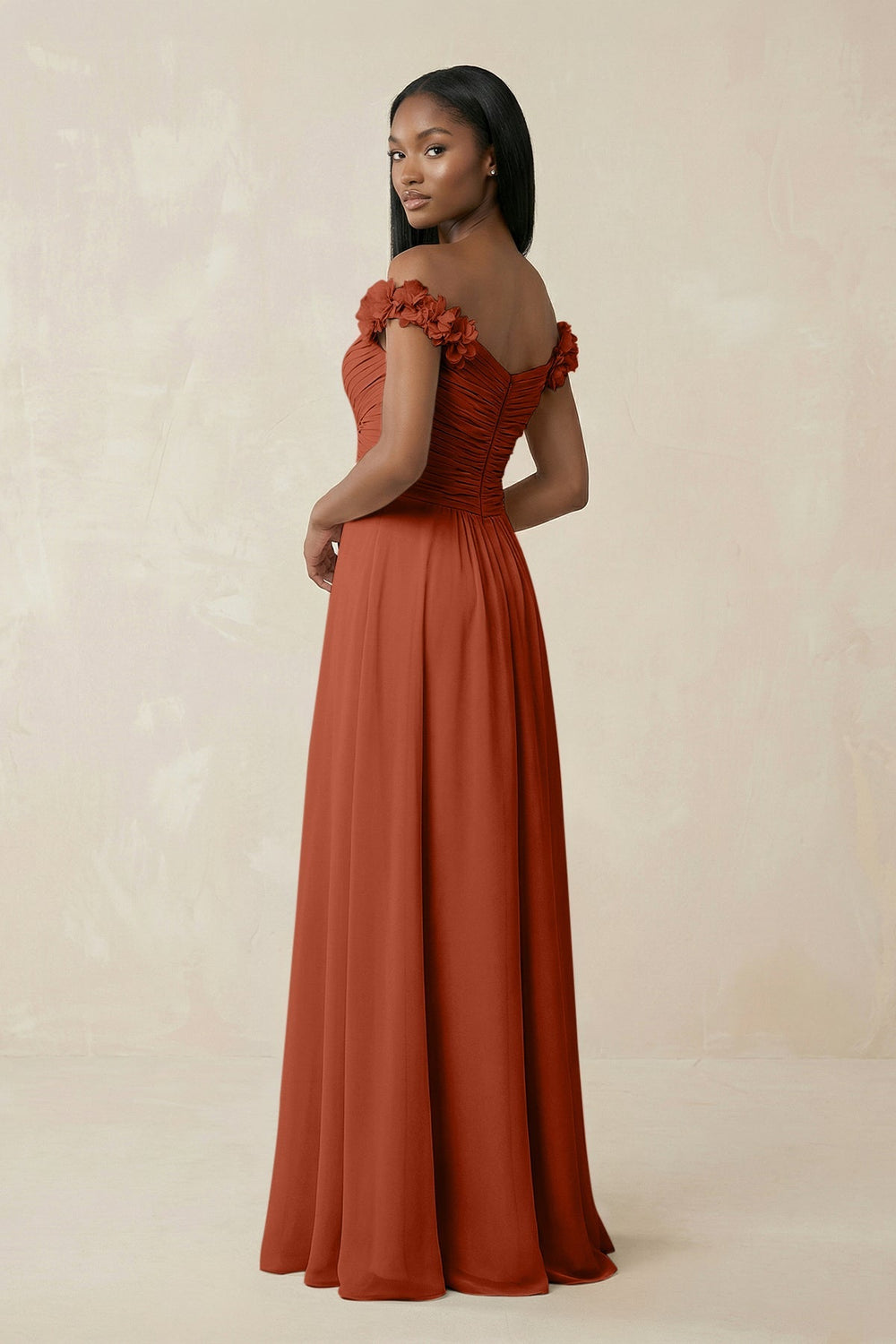 Pleated Off - the - Shoulder A - Line Chiffon Bridesmaid Dress in Spice - KISS BRIDAL Bridesmaid Dresses