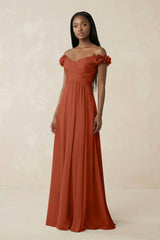 Pleated Off - the - Shoulder A - Line Chiffon Bridesmaid Dress in Spice - KISS BRIDAL Bridesmaid Dresses