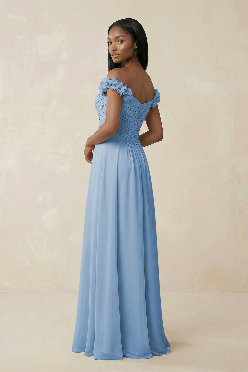 Pleated Off-the-Shoulder A-Line Chiffon Bridesmaid Dress in Steel Blue