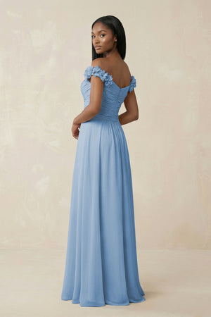 Pleated Off-the-Shoulder A-Line Chiffon Bridesmaid Dress in Steel Blue (2) | KISSBRIDAL